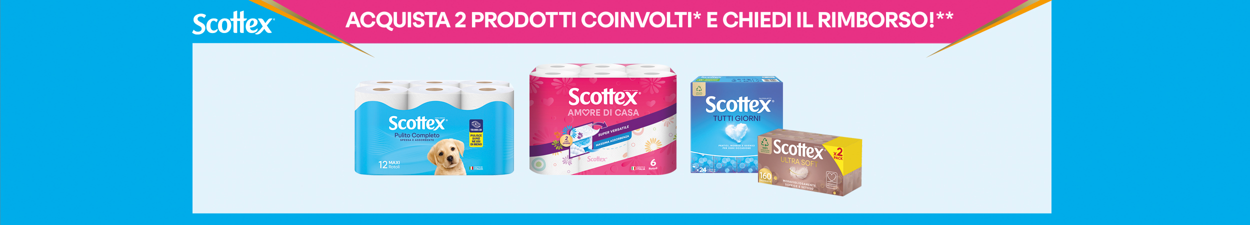 Immagine desktop col titolo della meccanica dell' Iniziativa Cashback Scottonelle Il Gigante. Con l’acquisto di 2 confezioni di Scottonelle carta igienica 18 rotoli ricevi il rimborso di 1 confezione