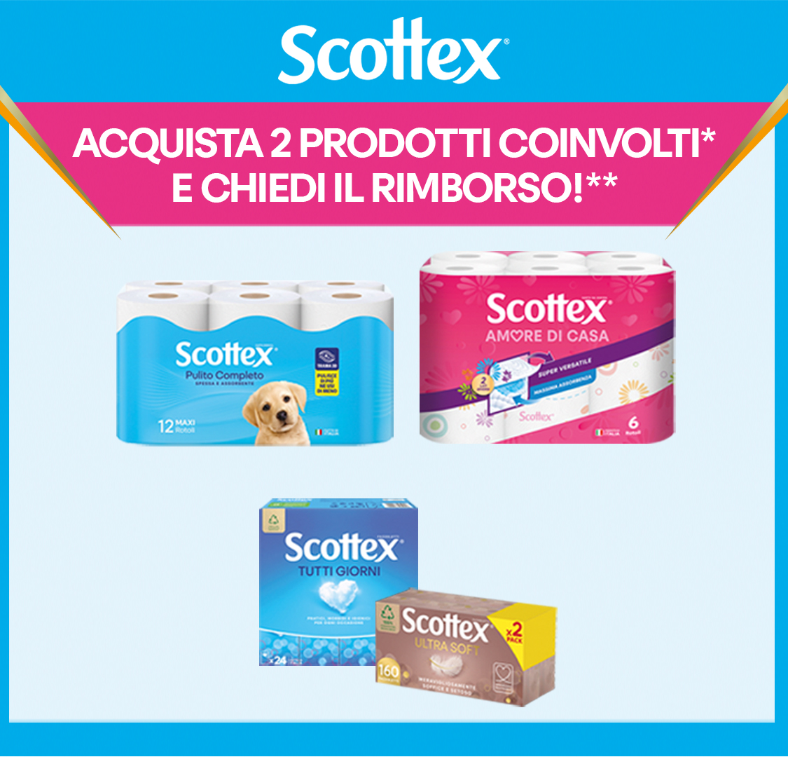 Immagine desktop col titolo dell' Iniziativa Cashback Scottonelle Il Gigante. Con l’acquisto di 2 confezioni di Scottonelle carta igienica 18 rotoli ricevi il rimborso di 1 confezione